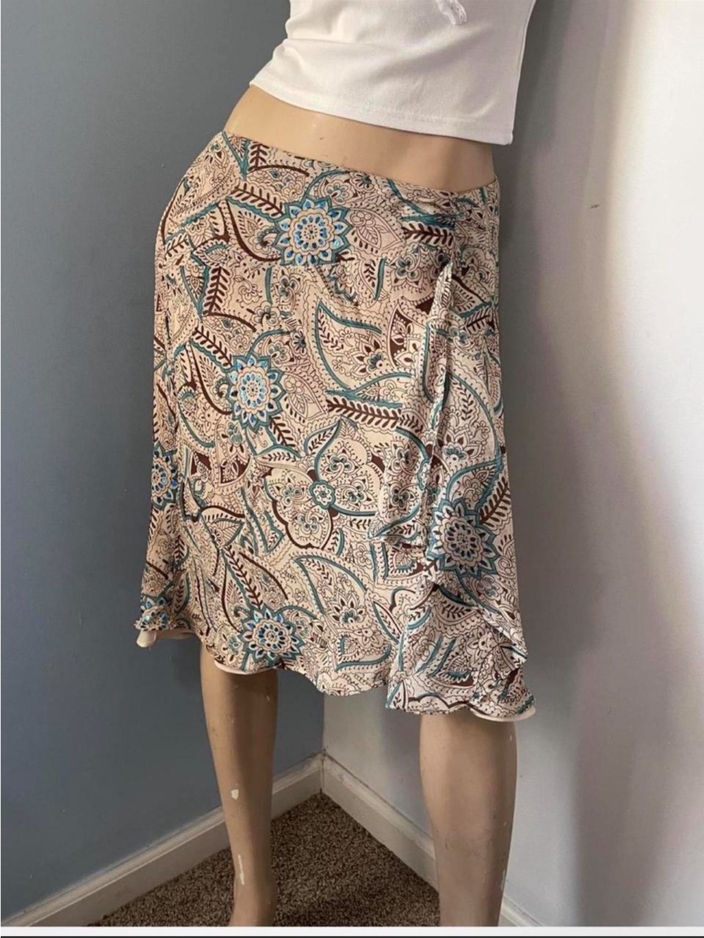 LOFT Cream Paisley Midi Skirt with Teal Accents